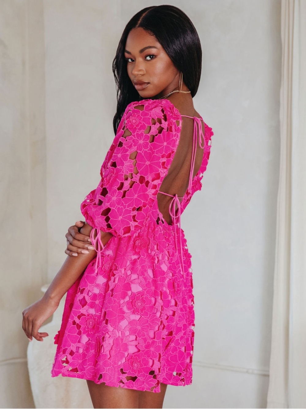 Vici Fuchsia Floral Lace Open-Back Mini Dress